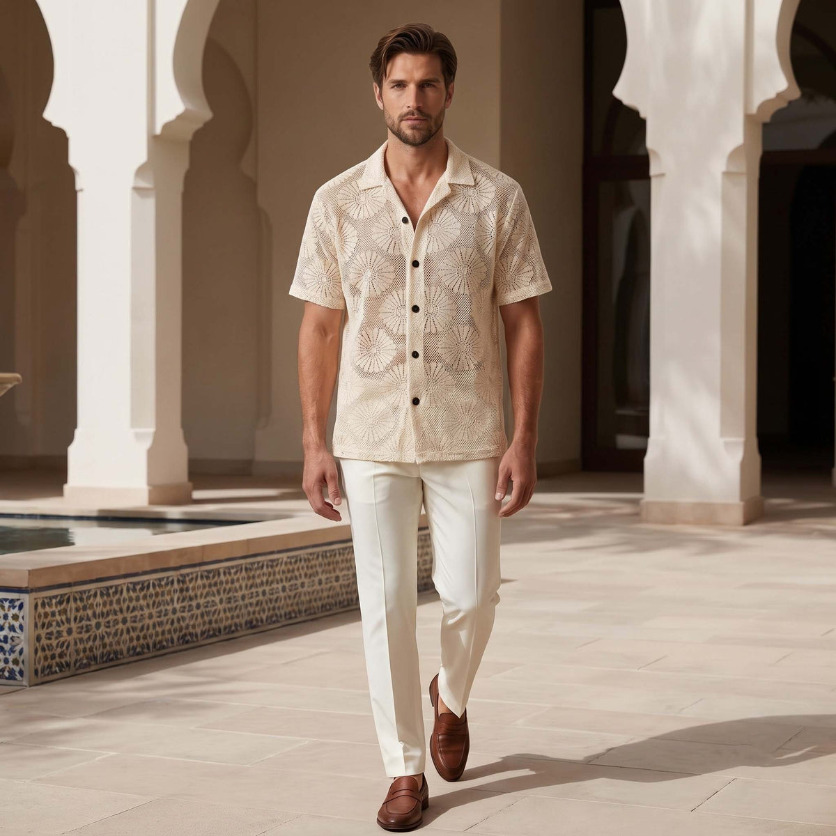 Men’s Ivory Floral Open-Knit Shirt – Short Sleeve Button-Up