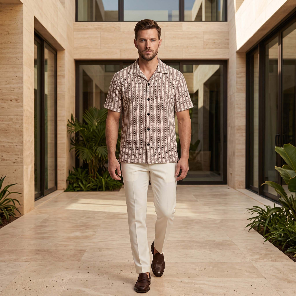 Men’s Mauve & Ivory Vertical Stripe Textured Knit Shirt
