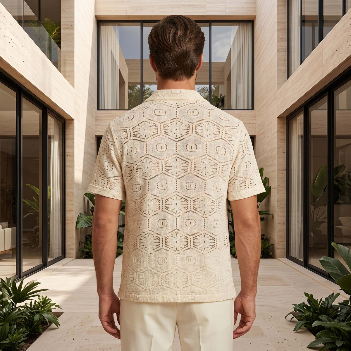 Men’s Ivory Octagonal Open-Knit Short Sleeve Shirt