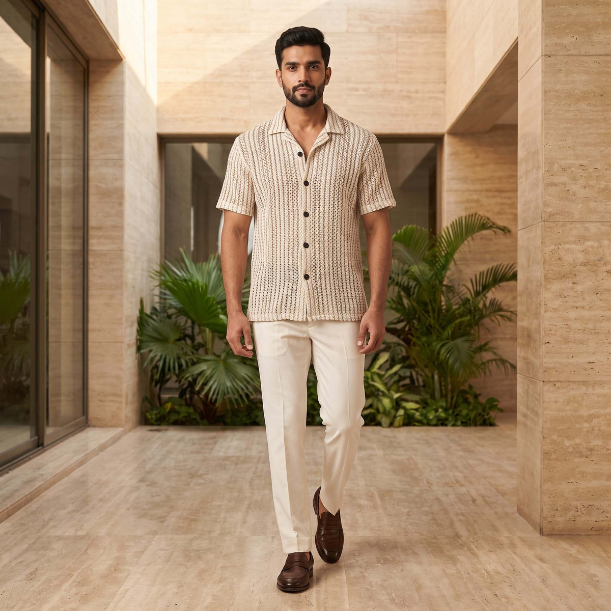 Men’s Ivory Textured Open-Knit Short Sleeve Shirt