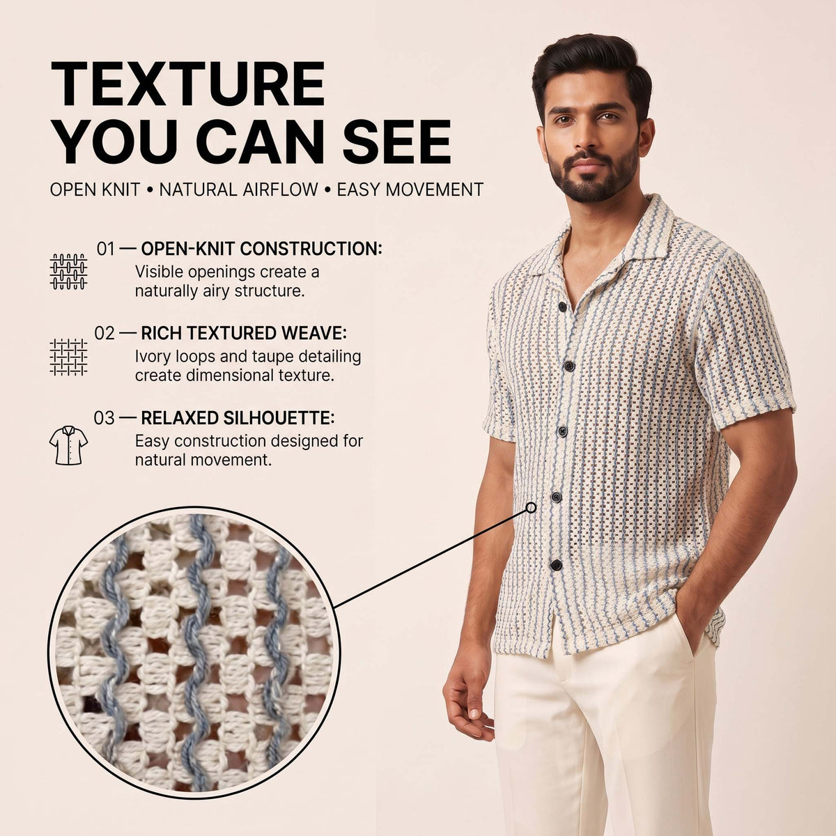 Men’s Ivory Blue Open-Weave Textured Button Shirt