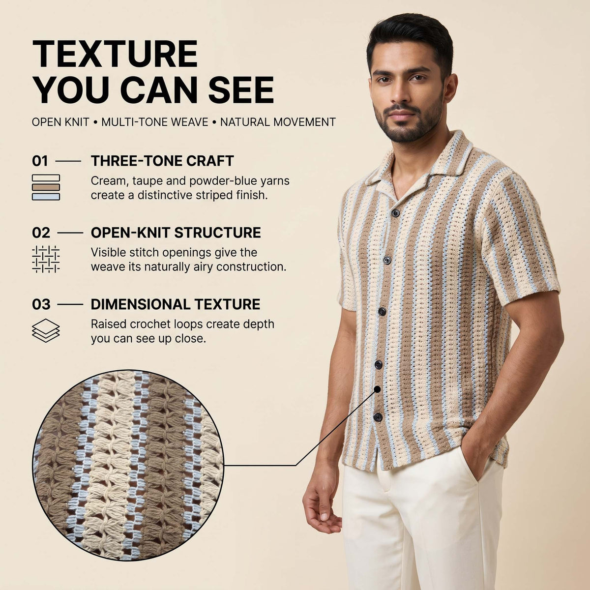 Men’s Coastal Stripe Textured Open-Knit Shirt