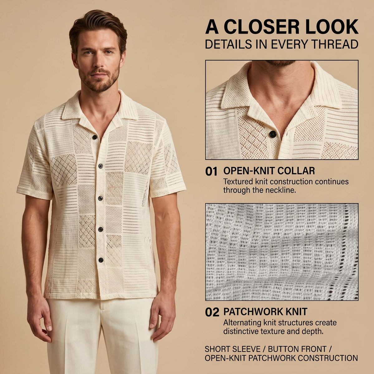 Men’s Ivory Patchwork Open-Knit Short Sleeve Shirt