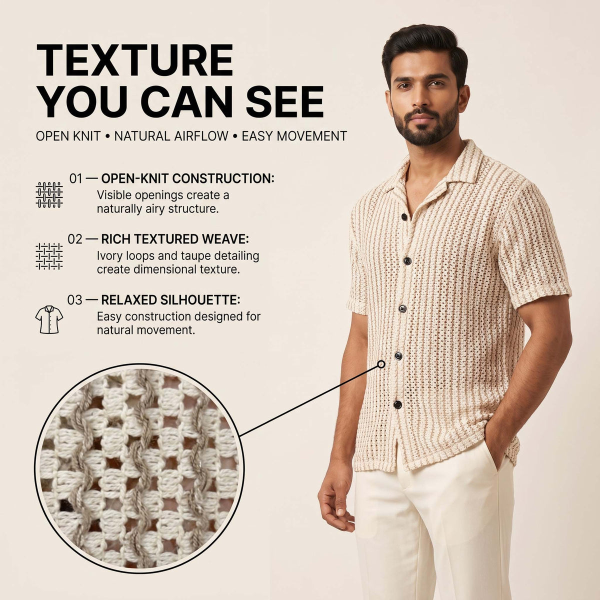 Men’s Ivory Textured Open-Knit Short Sleeve Shirt