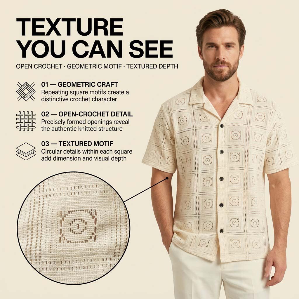 Men’s Ivory Geometric Crochet Knit Short Sleeve Shirt
