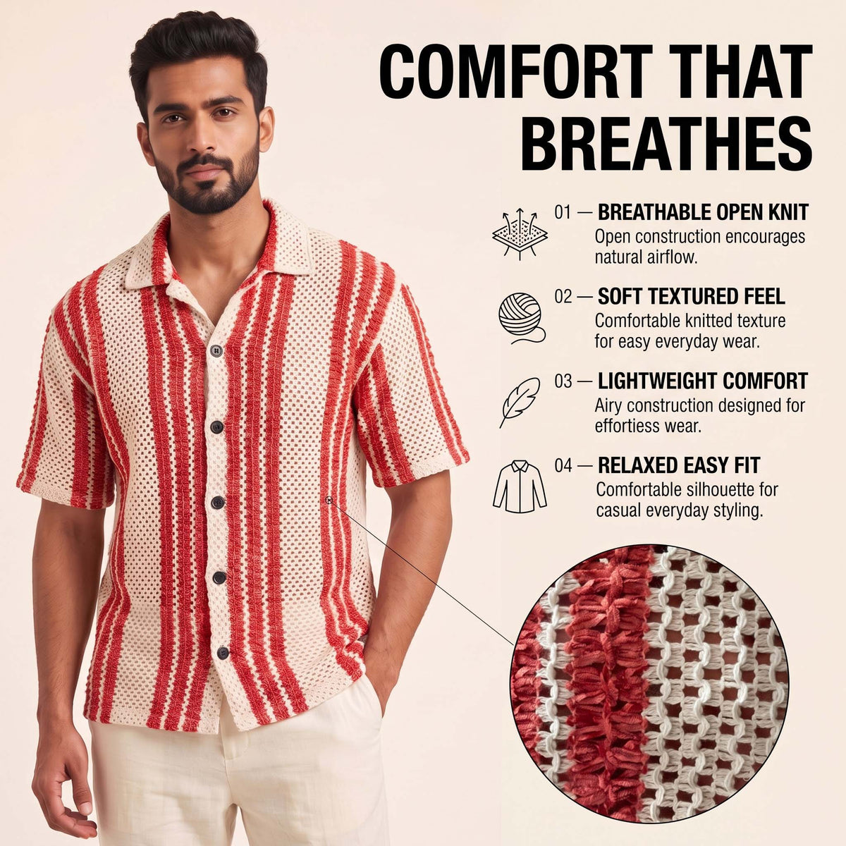 Men’s Cream & Rust Red Striped Open-Knit Shirt – Short Sleeve