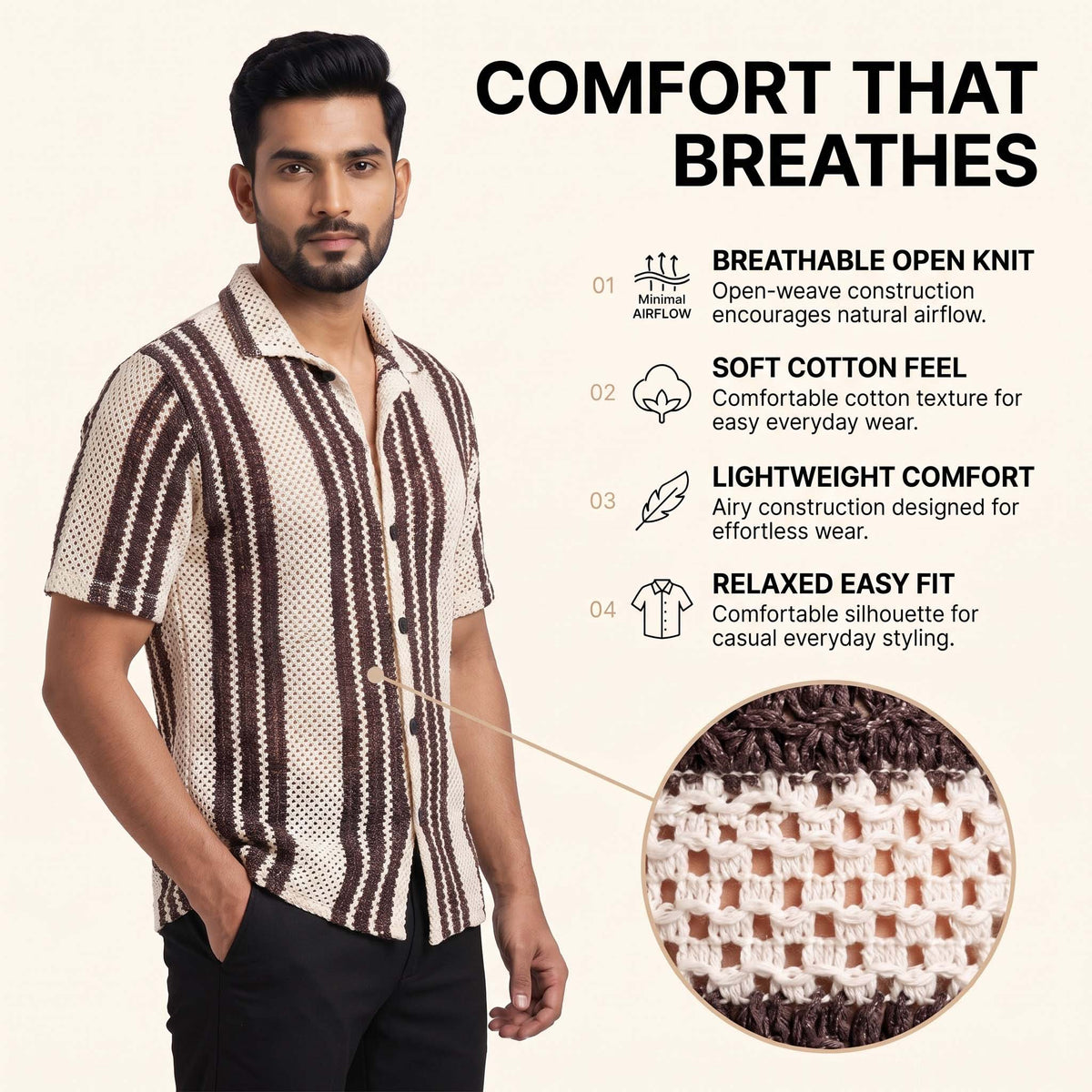 Men’s Cream & Brown Striped Open-Knit Shirt – Short Sleeve