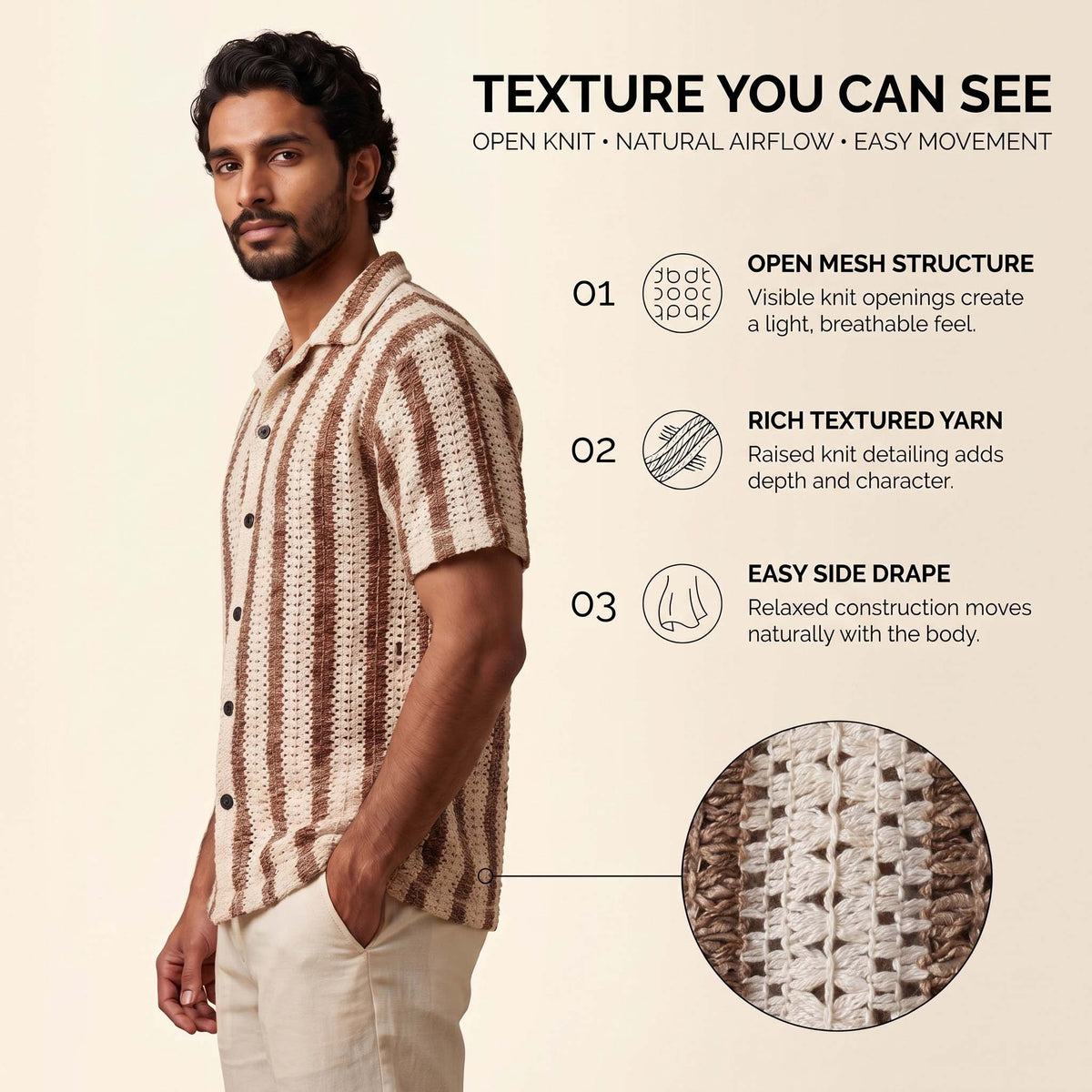 Men’s Mocha Stripe Textured Open-Knit Shirt