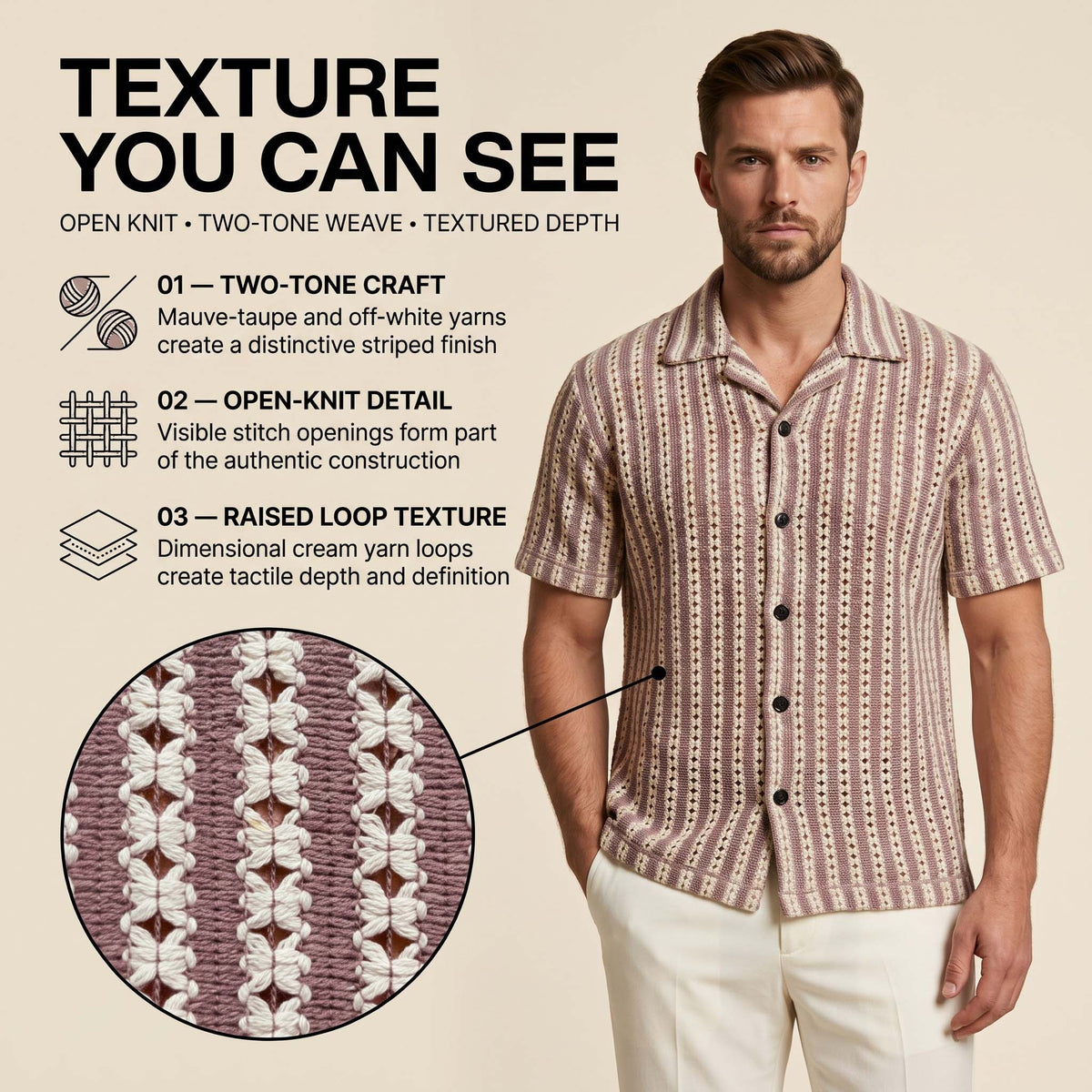 Men’s Mauve & Ivory Vertical Stripe Textured Knit Shirt