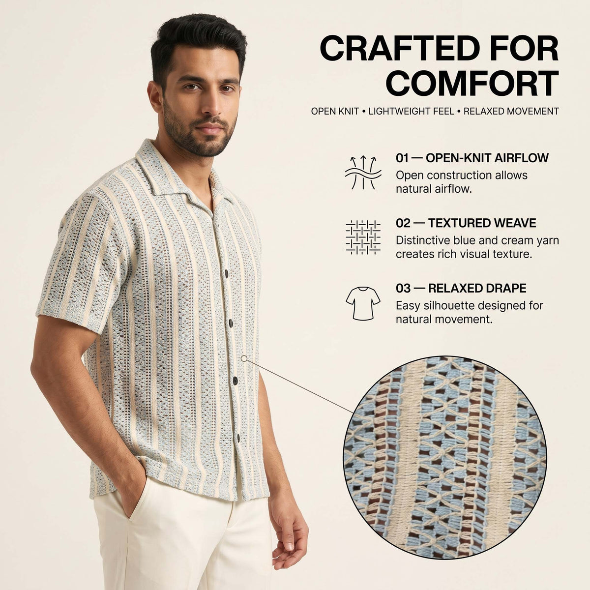 Men’s Sky Blue & Cream Textured Open-Knit Shirt