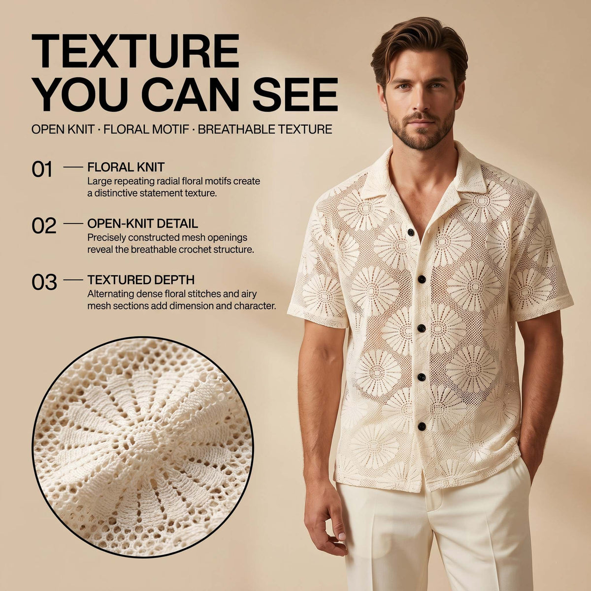 Men’s Ivory Floral Open-Knit Shirt – Short Sleeve Button-Up