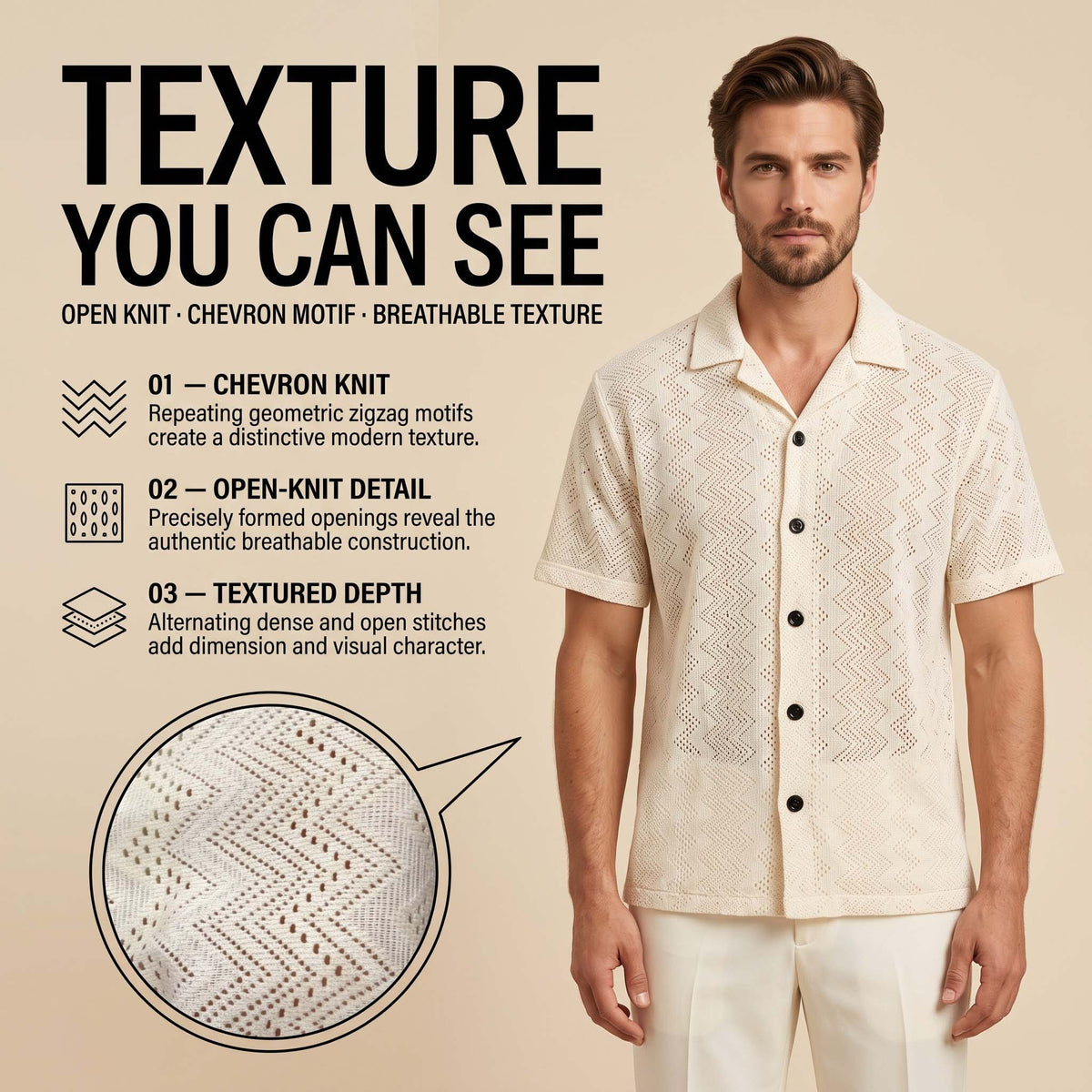 Men’s Ivory Geometric Knit Short Sleeve Shirt
