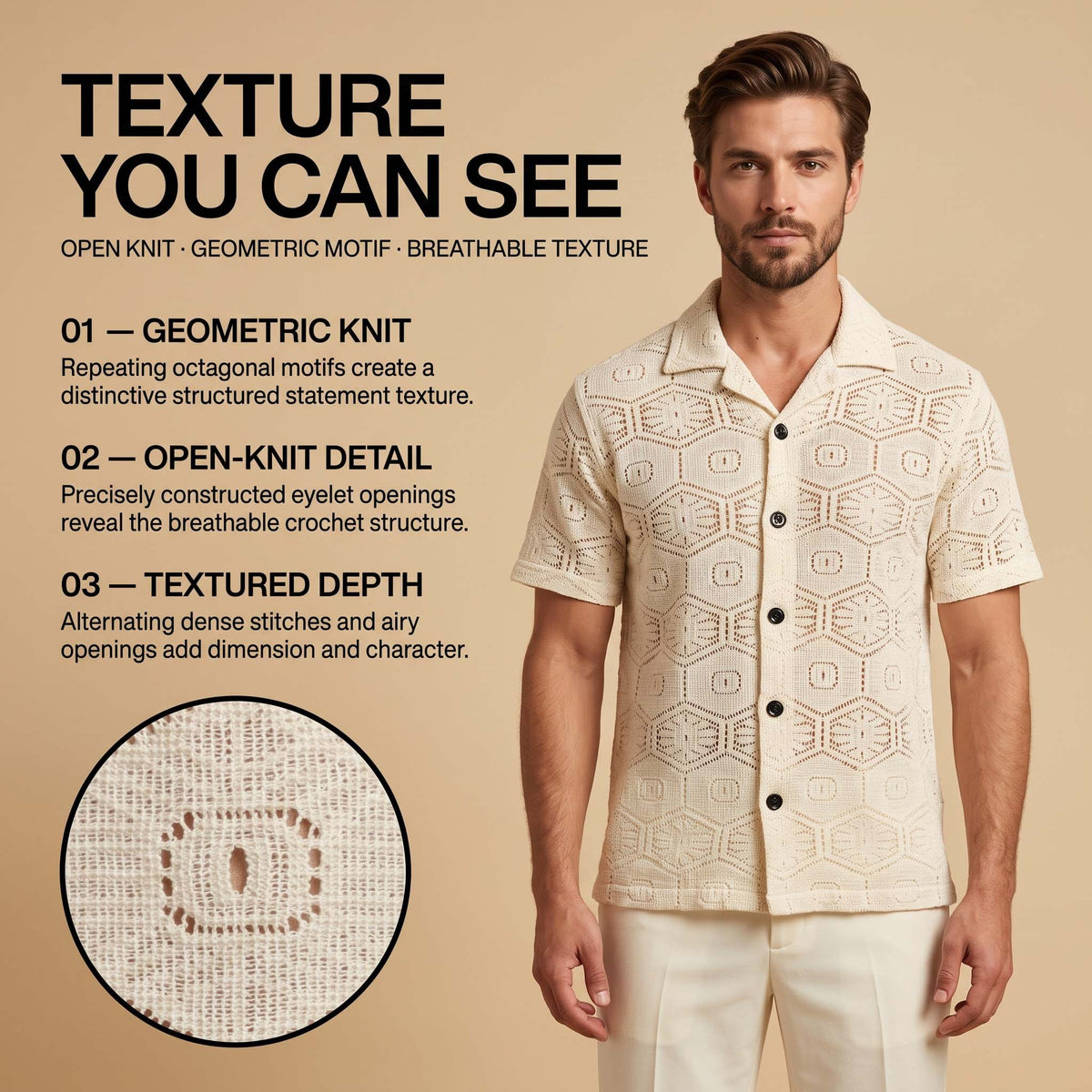 Men’s Ivory Octagonal Open-Knit Short Sleeve Shirt