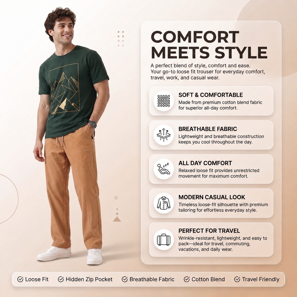 Men's Korean Style Loose Fit Khakhi Track Pants with Pockets | Lycra Cargo Joggers for Men | Relaxed Fit Baggy Trousers for Travel, Lounge, Home Wear, Casual Streetwear