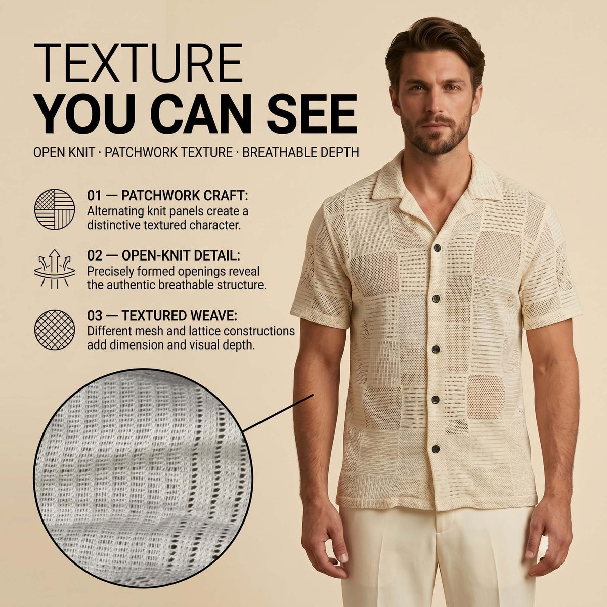 Men’s Ivory Patchwork Open-Knit Short Sleeve Shirt