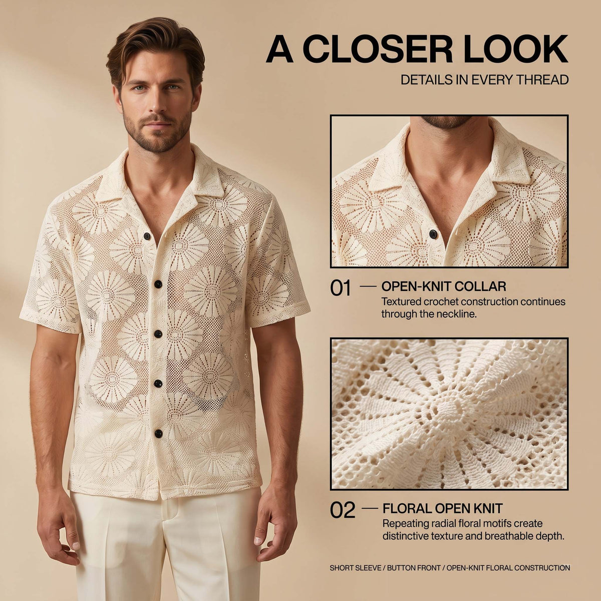 Men’s Ivory Floral Open-Knit Shirt – Short Sleeve Button-Up