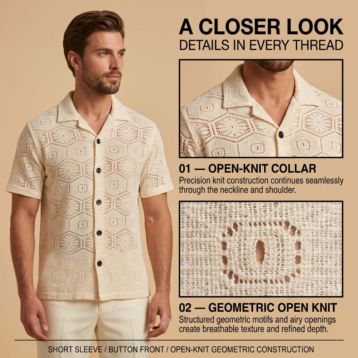 Men’s Ivory Octagonal Open-Knit Short Sleeve Shirt