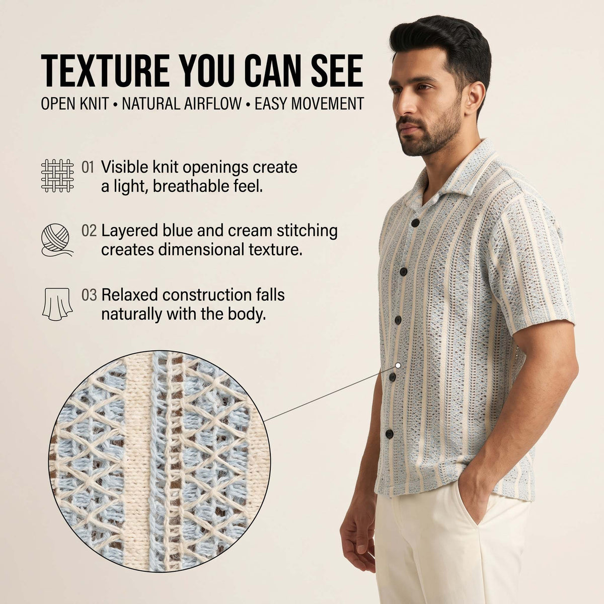 Men’s Sky Blue & Cream Textured Open-Knit Shirt