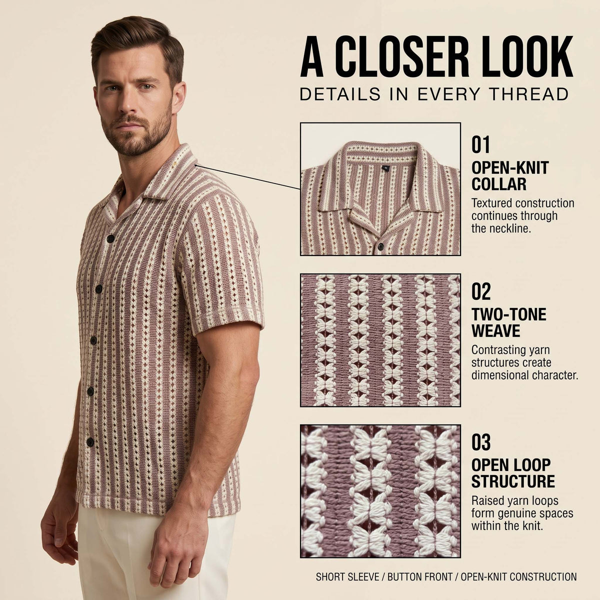 Men’s Mauve & Ivory Vertical Stripe Textured Knit Shirt