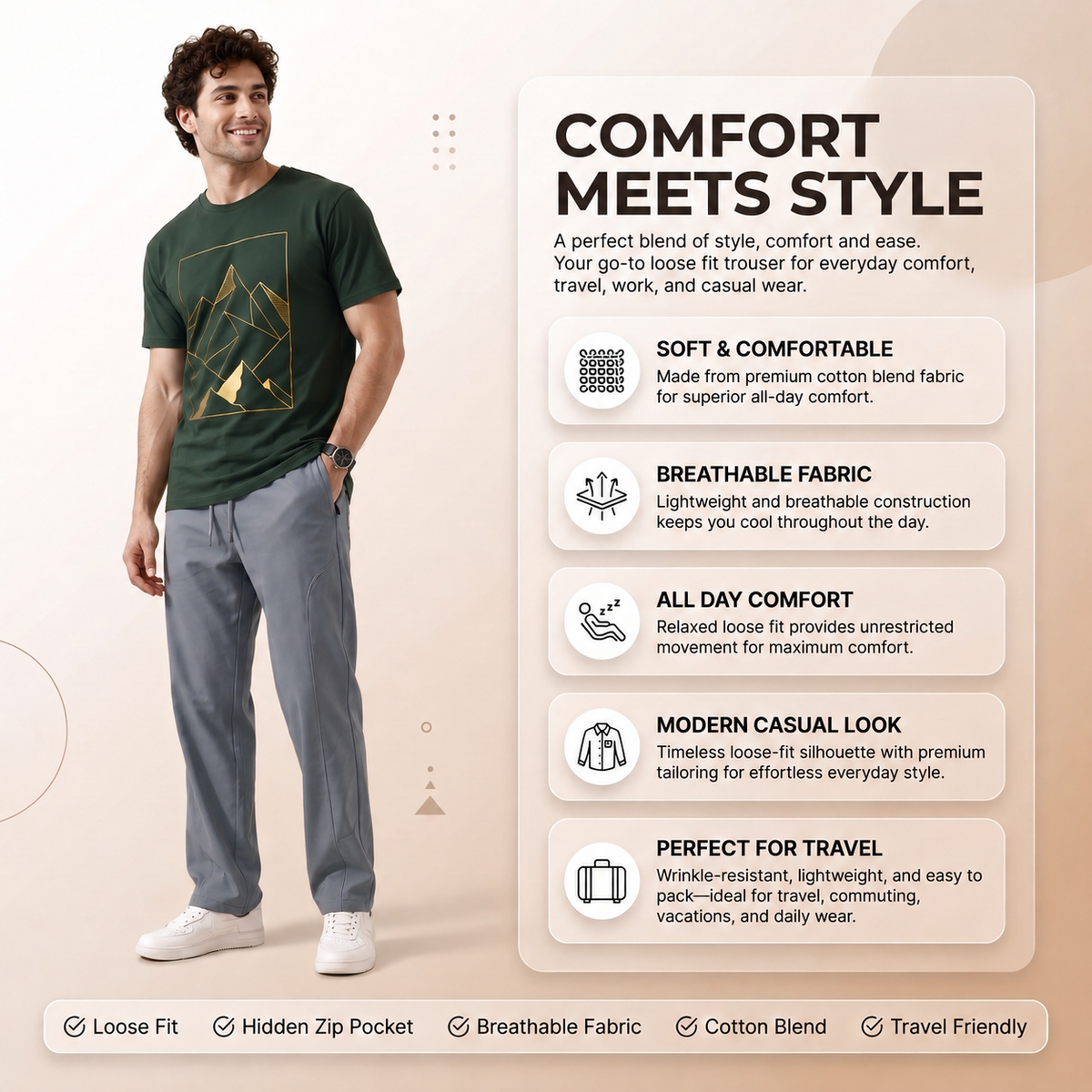 Wovelci Men’s Loose Fit Solid Casual Pants | Comfortable Relaxed Fit Trousers for Men | Stylish Everyday Wear