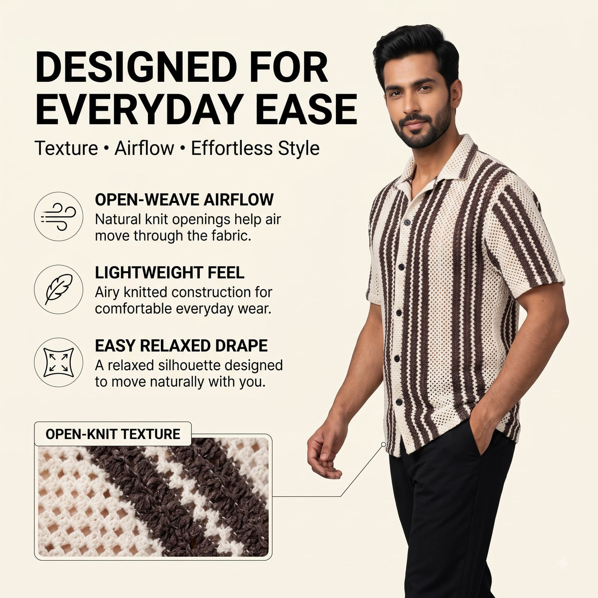 Men’s Cream & Brown Striped Open-Knit Shirt – Short Sleeve
