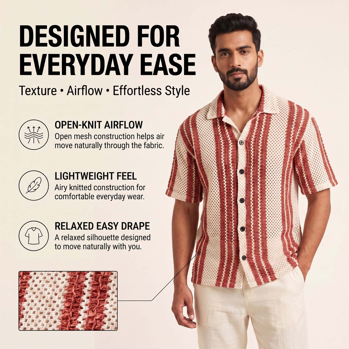 Men’s Cream & Rust Red Striped Open-Knit Shirt – Short Sleeve