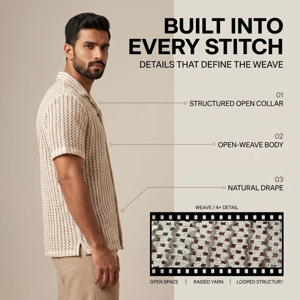 Men’s Ivory Textured Open-Knit Short Sleeve Shirt