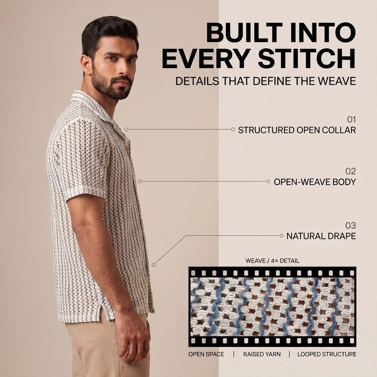 Men’s Ivory Blue Open-Weave Textured Button Shirt