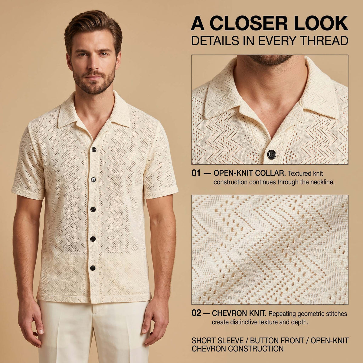 Men’s Ivory Geometric Knit Short Sleeve Shirt