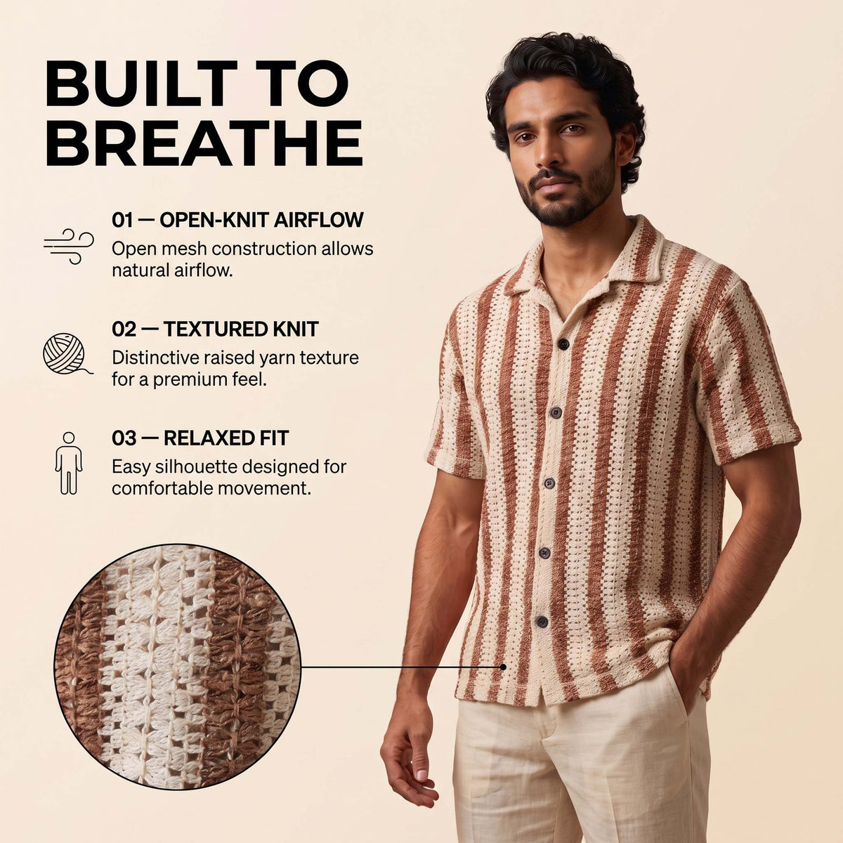 Men’s Mocha Stripe Textured Open-Knit Shirt
