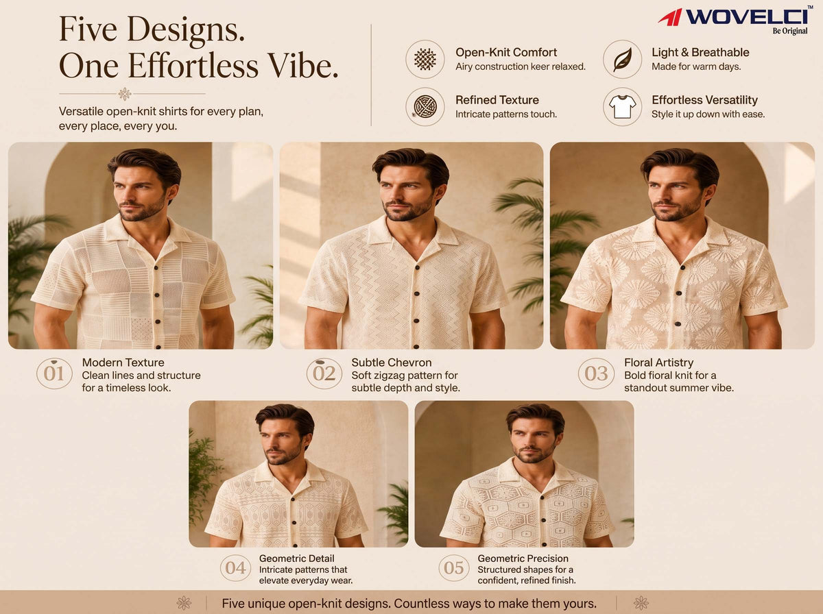 Men’s Ivory Geometric Crochet Knit Short Sleeve Shirt