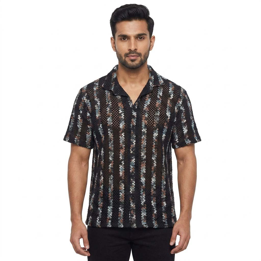 Men’s Black Multicolor Striped Open-Knit Shirt – Short Sleeve