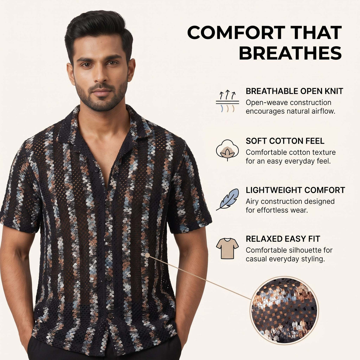 Men’s Black Multicolor Striped Open-Knit Shirt – Short Sleeve