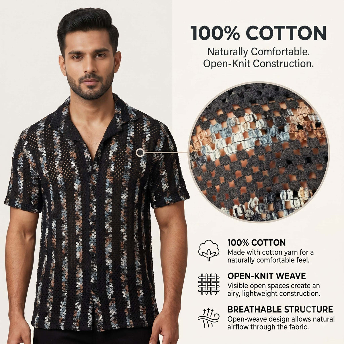 Men’s Black Multicolor Striped Open-Knit Shirt – Short Sleeve