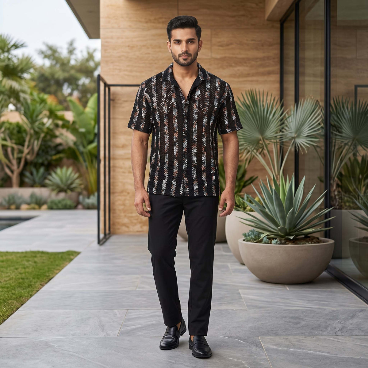Men’s Black Multicolor Striped Open-Knit Shirt – Short Sleeve