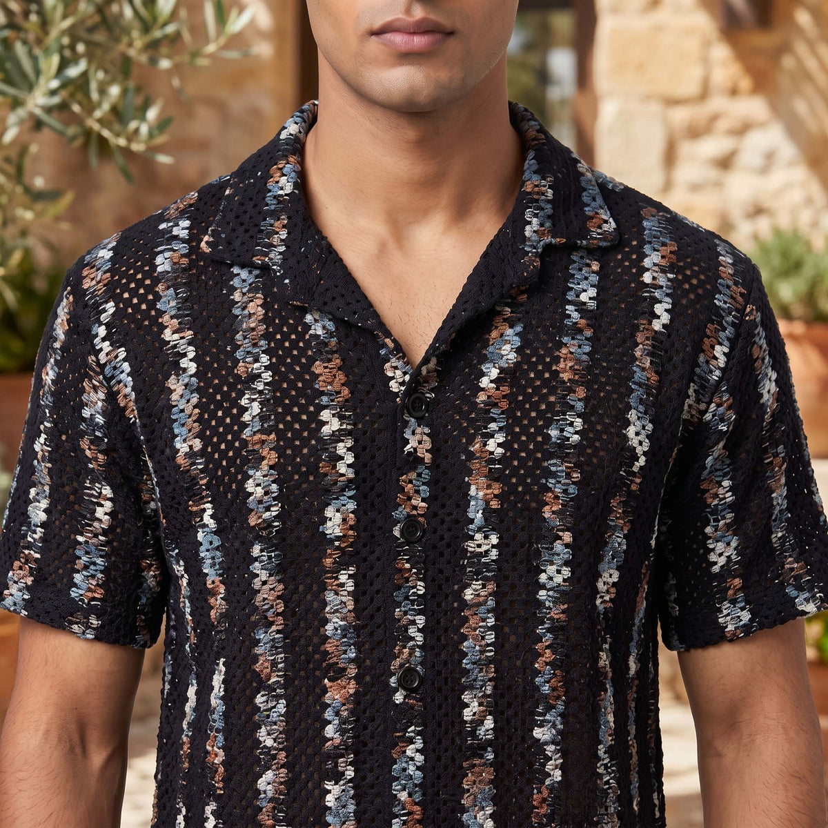 Men’s Black Multicolor Striped Open-Knit Shirt – Short Sleeve